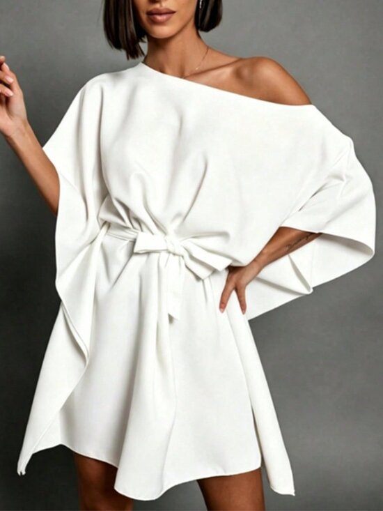Dresses & Skirts - White Belted Women's Flowy Cape Sleeve Dress